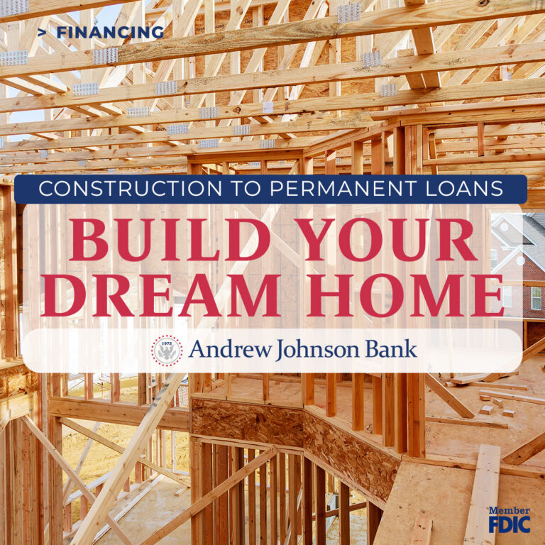 Wood-framed house under construction with bold text overlay 'BUILD YOUR DREAM HOME' and bank branding.
