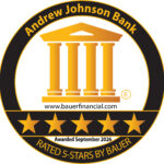Circular Bauer Financial rating badge for Andrew Johnson Bank featuring a gold temple, five gold stars along the bottom, and 'Awarded September 2026' text.