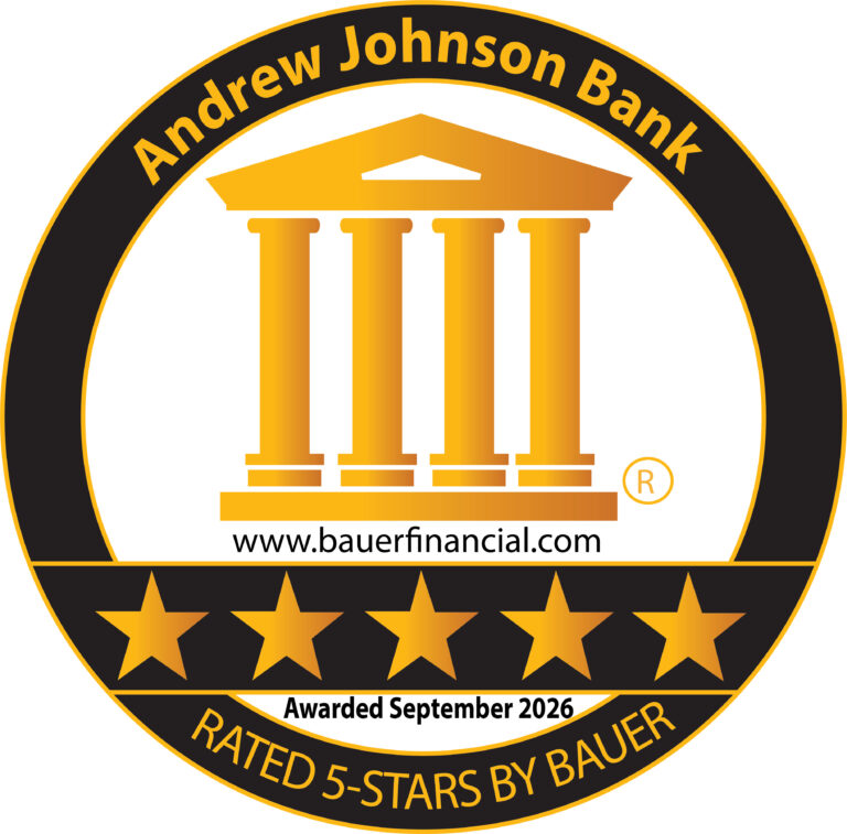 Circular Bauer Financial 5-Star rating seal with a gold columned building, gold stars along the bottom, and 'Awarded September 2026' text.